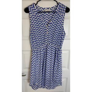 Everly Blue White Chevron Sleeveless Button Dress Size L Made in USA Lined